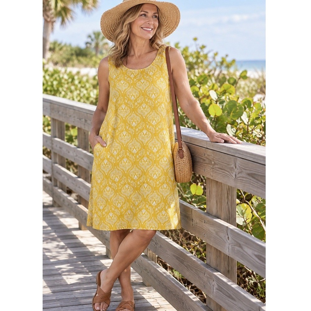 Sigrid Olsen Womens XL Mustard Yellow Linen Sleeveless Shift Dress Pockets Boho
